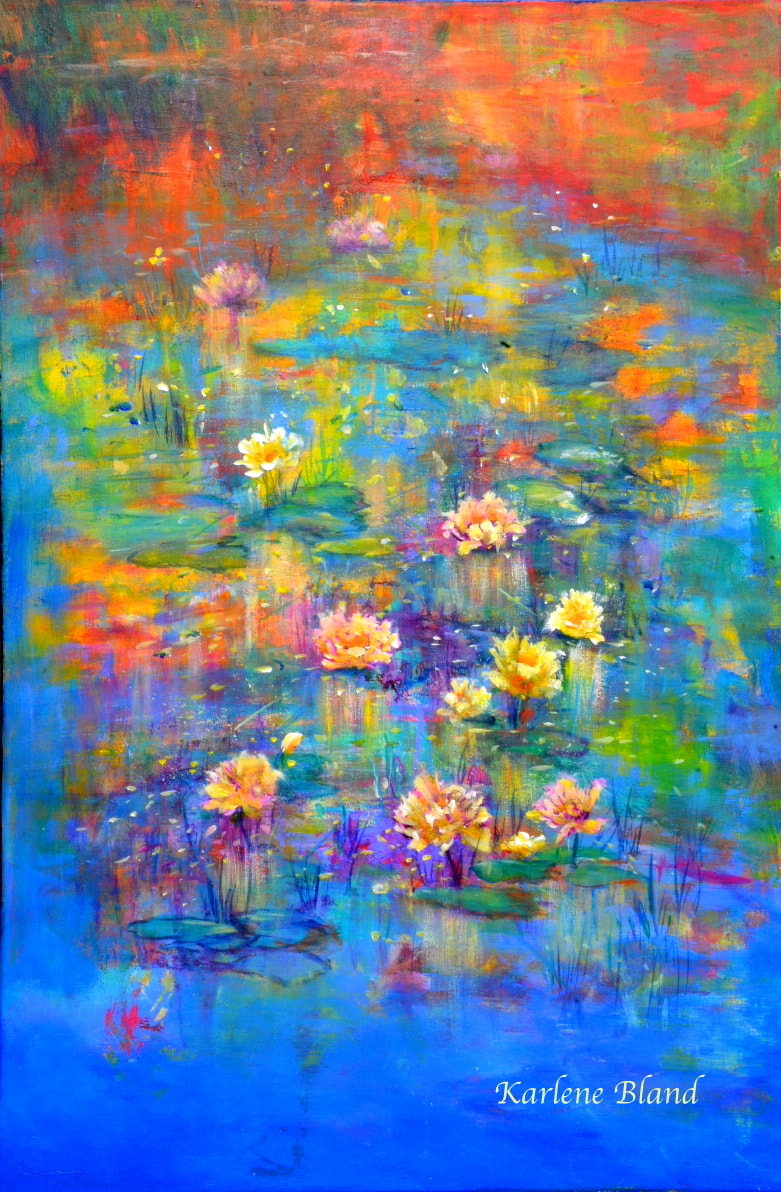 Karlene Bland Impressionistic painting of waterlilies on blue, yellow green orange water and background