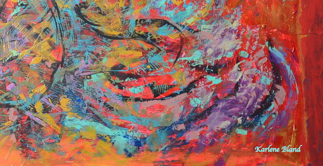 Karlene Bland's Abstract Painting of Orange, Yellow and Turquoise Moving Across Diagonally