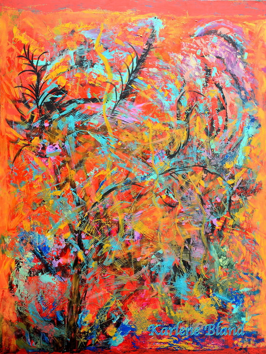 Karlene Bland Abstract painting of tree on orange yellow background and turquoise blue accents