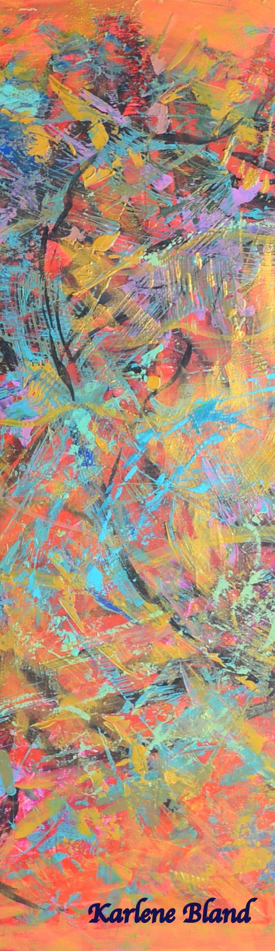 Karlene Bland Abstract Expressionism Painting with Explosive yellow, orange , greens and turquoise