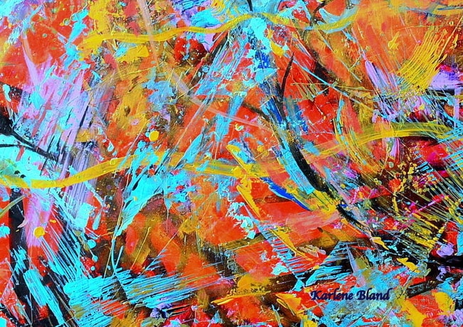 Karlene Bland Abstract Expressionism Painting with Explosive yellow, orange , greens and turquoise