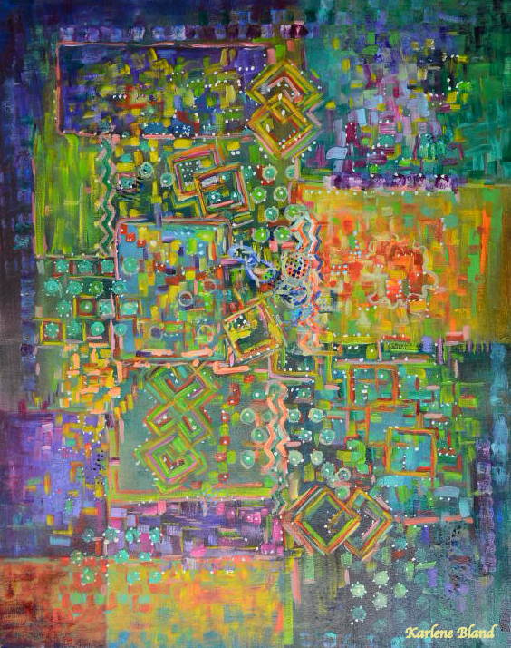 Karlene Bland -Abstract Tapestry of colours in purples, greens, yellows and orange on 24'x 30" Canvas