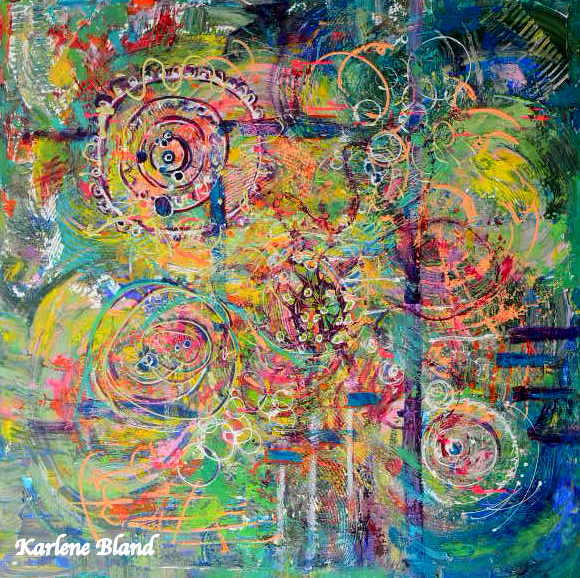 Karlene Bland Abstract Painting of circles of mottled yellows, greens and oranges against different blues and dark stripes