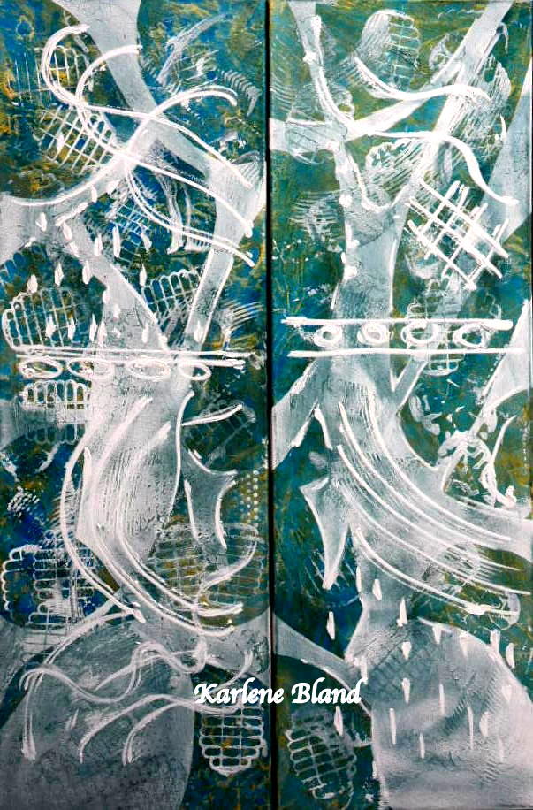 Karlene Bland Contemporary Abstract on diptych 24x36 canvases with moving swirls of white on green and gold background
