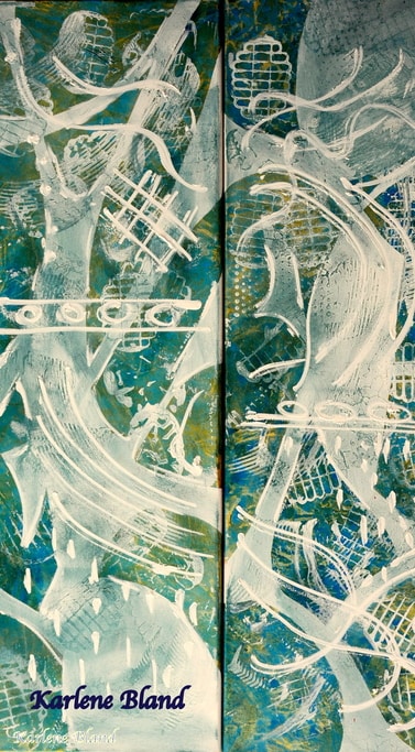 Karlene Bland Contemporary Abstract on two 24x36 canvases with moving swirls of white on green and gold background